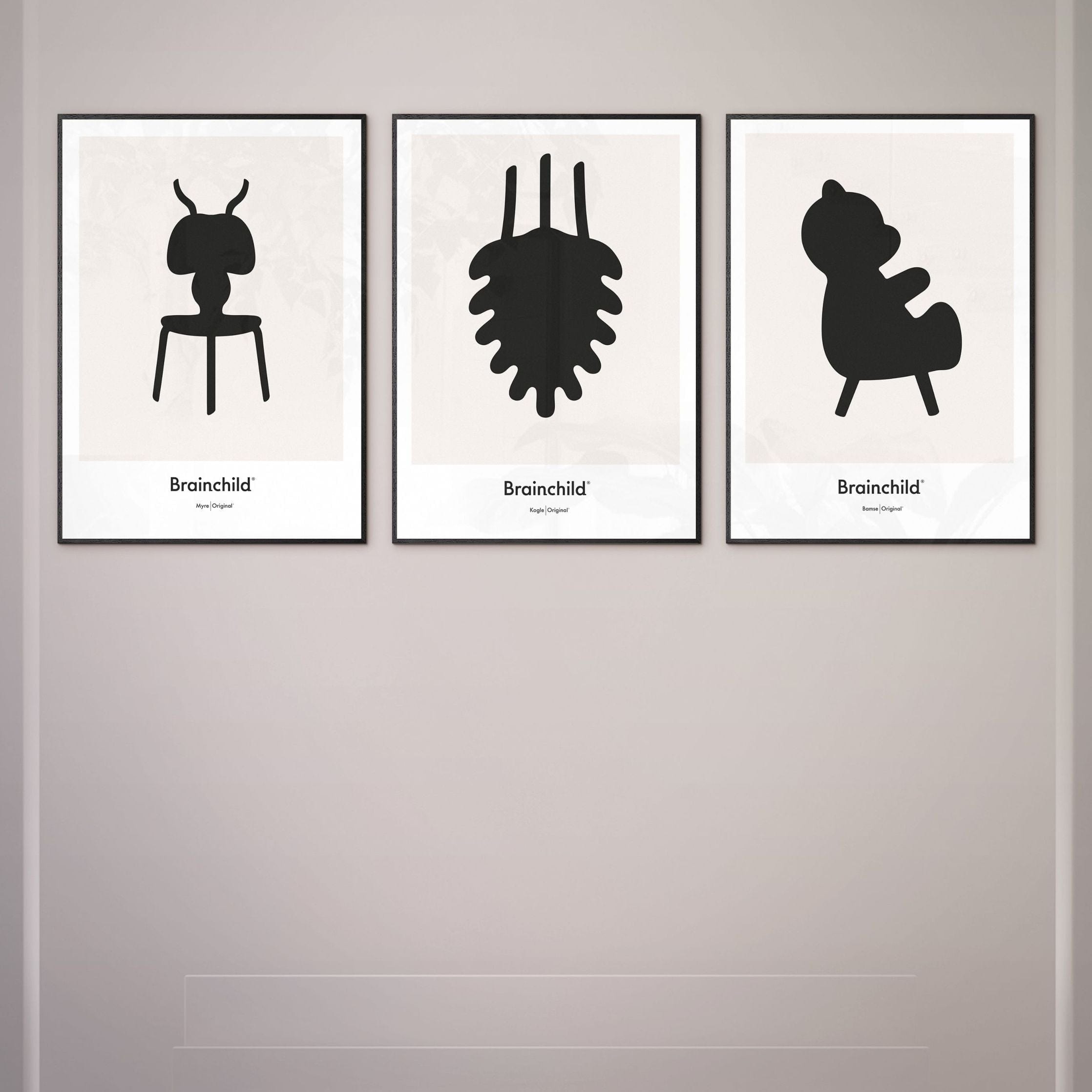Plakat ikon mrówek mrówki, rama wykonana z ciemnego drewna A5, szary