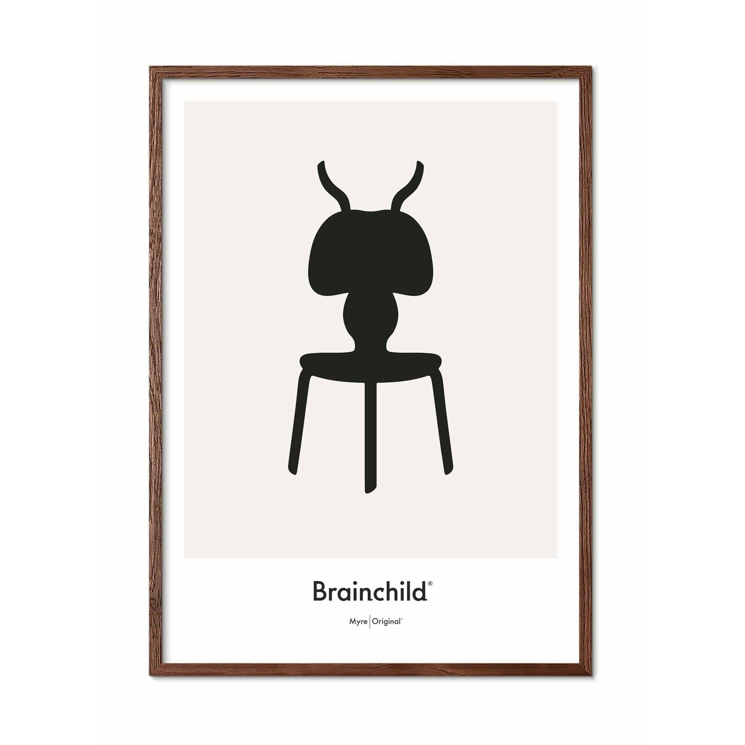 Plakat ikon mrówek mrówki, rama wykonana z ciemnego drewna A5, szary