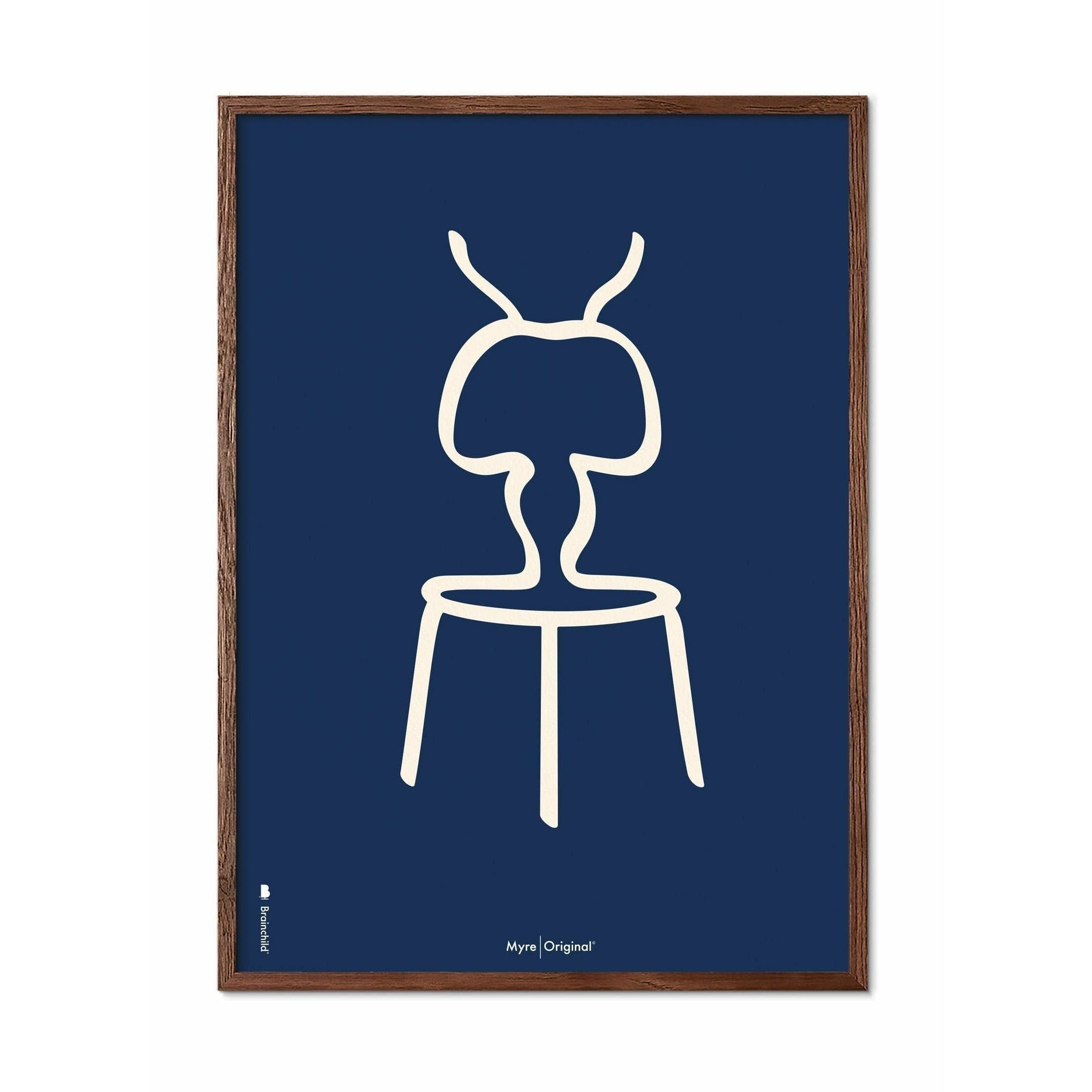 Brainchild Ant Line Poster, Frame Made Of Dark Wood 30x40 Cm, Blue Background