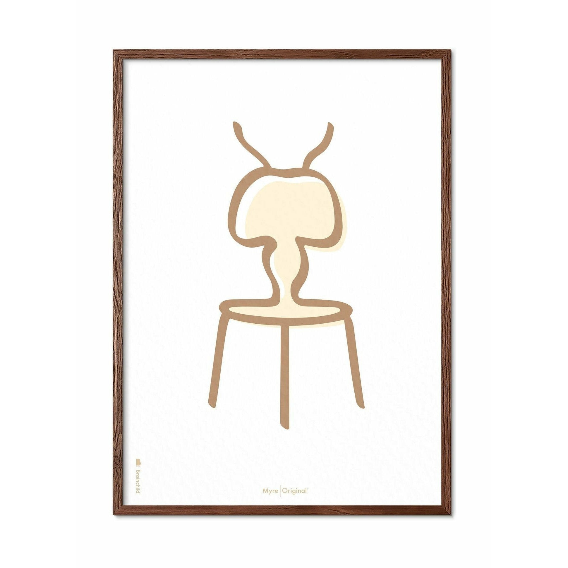 Brainchild Ant Line Poster, Dark Wood Frame 70x100 Cm, White Background