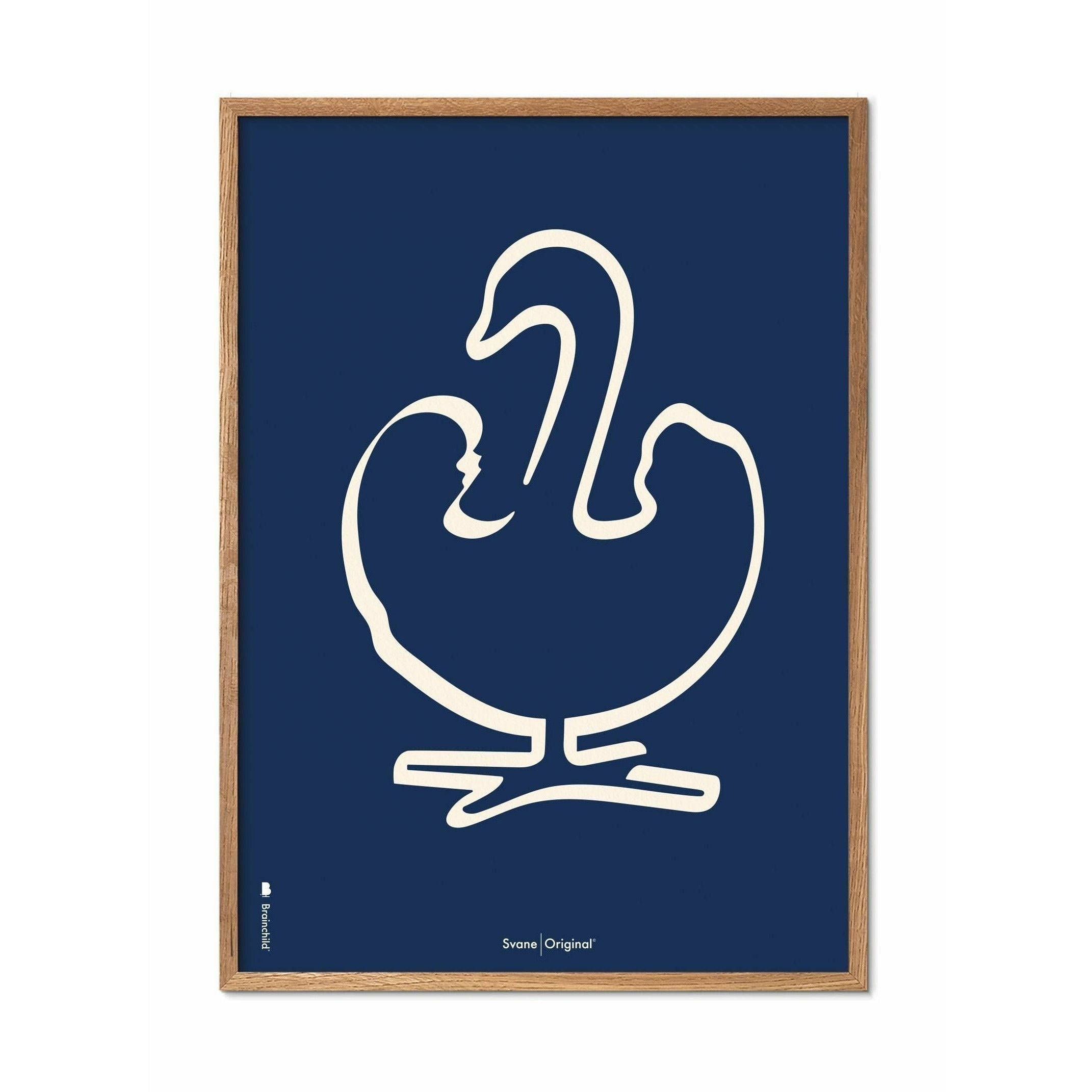 Brainchild Swan Line Poster, Frame Made Of Light Wood 30 X40 Cm, Blue Background