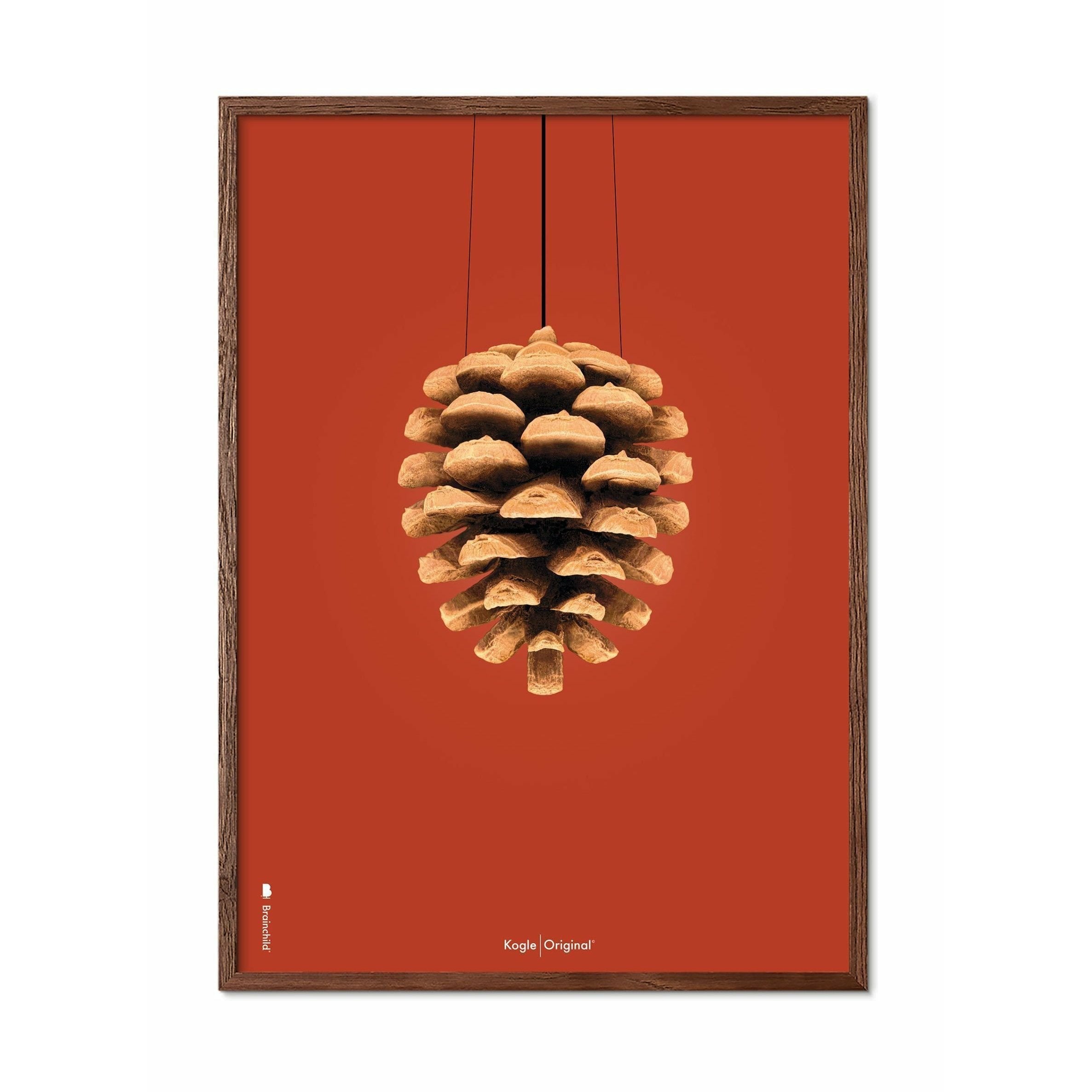 Brainchild Pine Cone Classic Poster, Dark Wood Frame A5, Red Background