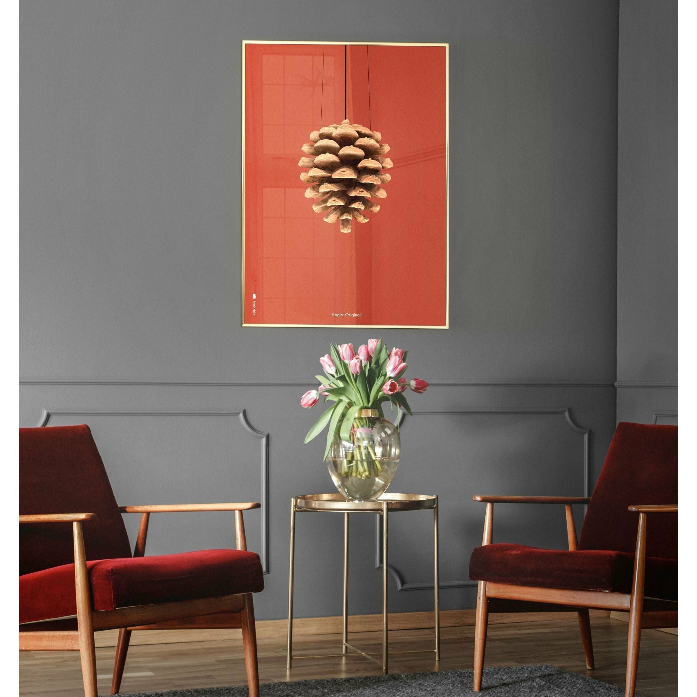 Brainchild Pine Cone Classic Poster, Frame In Black Lacquered Wood 70x100 Cm, Red Background