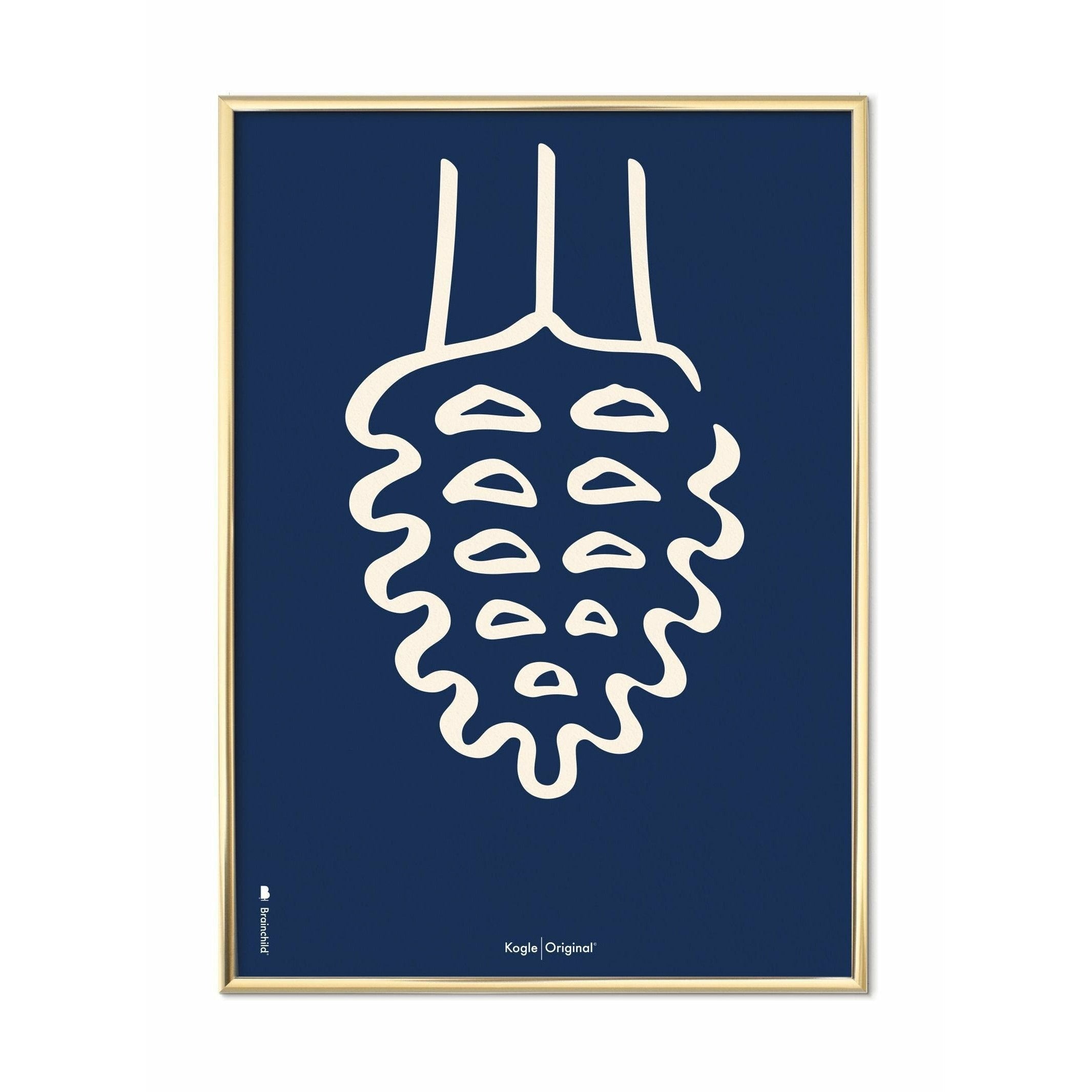 Brainchild Pine Cone Line Poster, Brass Colored Frame 50x70 Cm, Blue Background