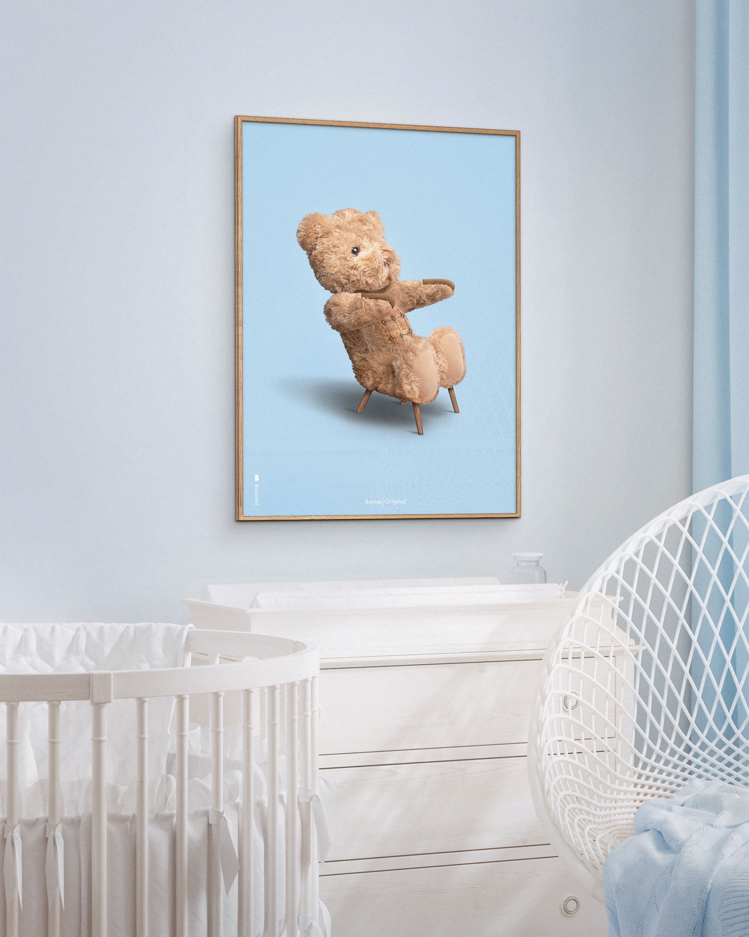 Brainchild Teddy Bear Classic Poster Brass Colored Frame A5, Light Blue Background
