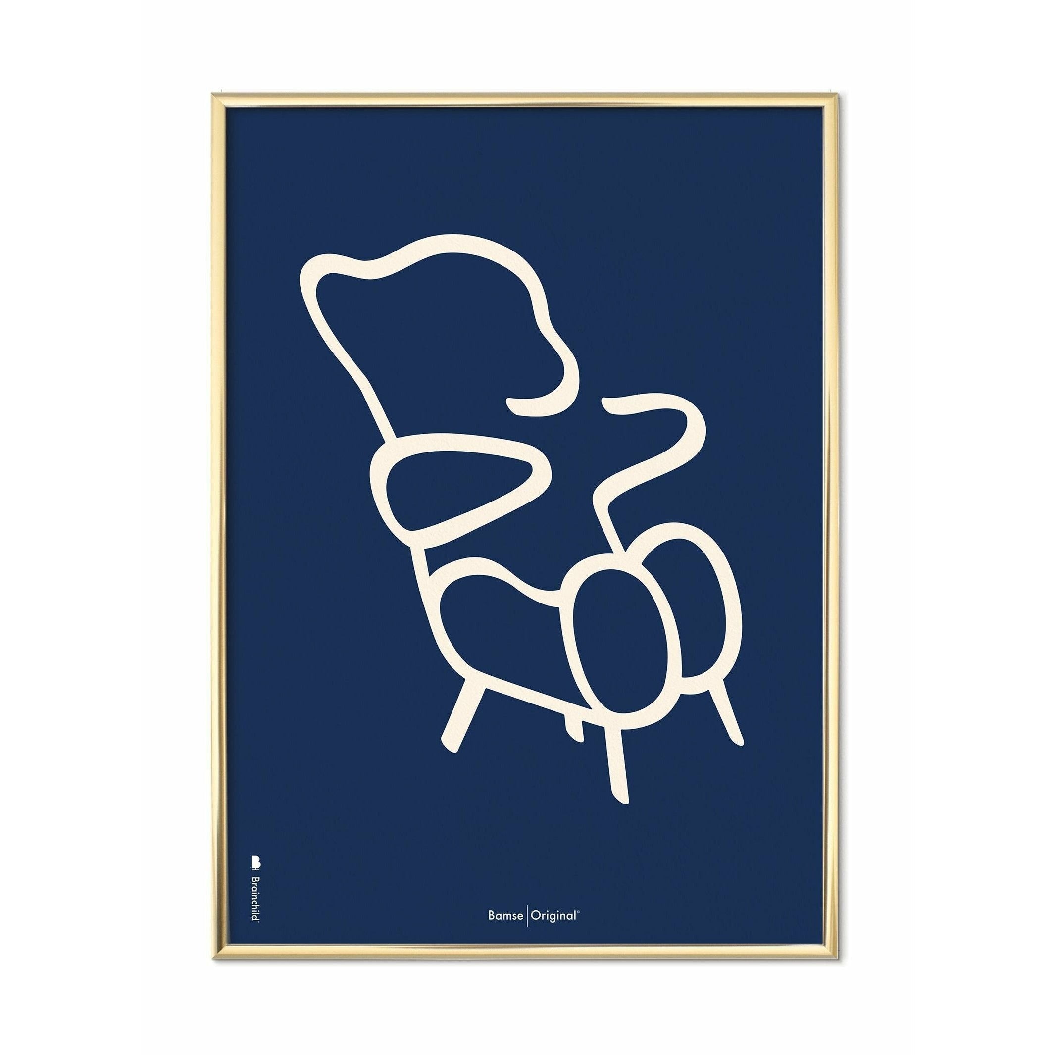 Brainchild Teddy Bear Line Poster, Brass Colored Frame 70 X100 Cm, Blue Background