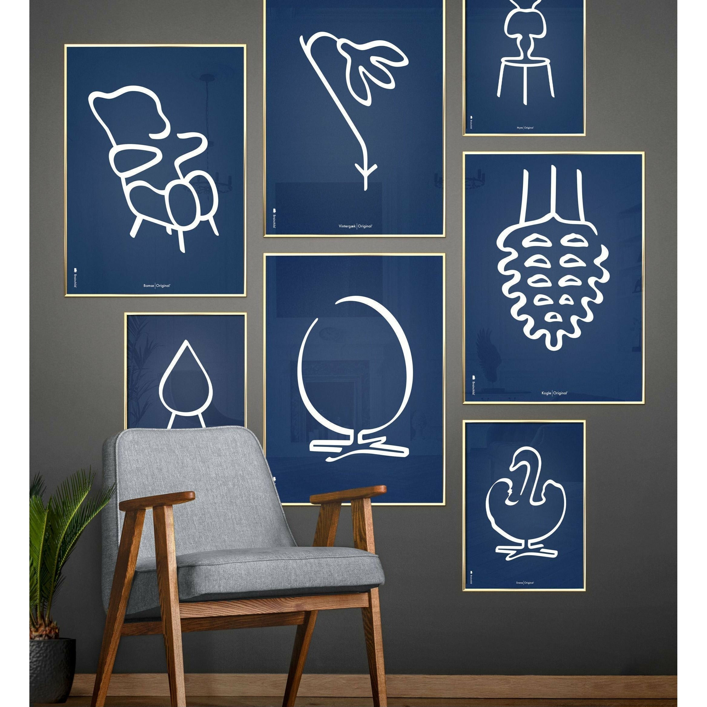 Pomysły plakat linii misy misy, rama wykonana z ciemnego drewna 50x70 cm, niebieskie tło