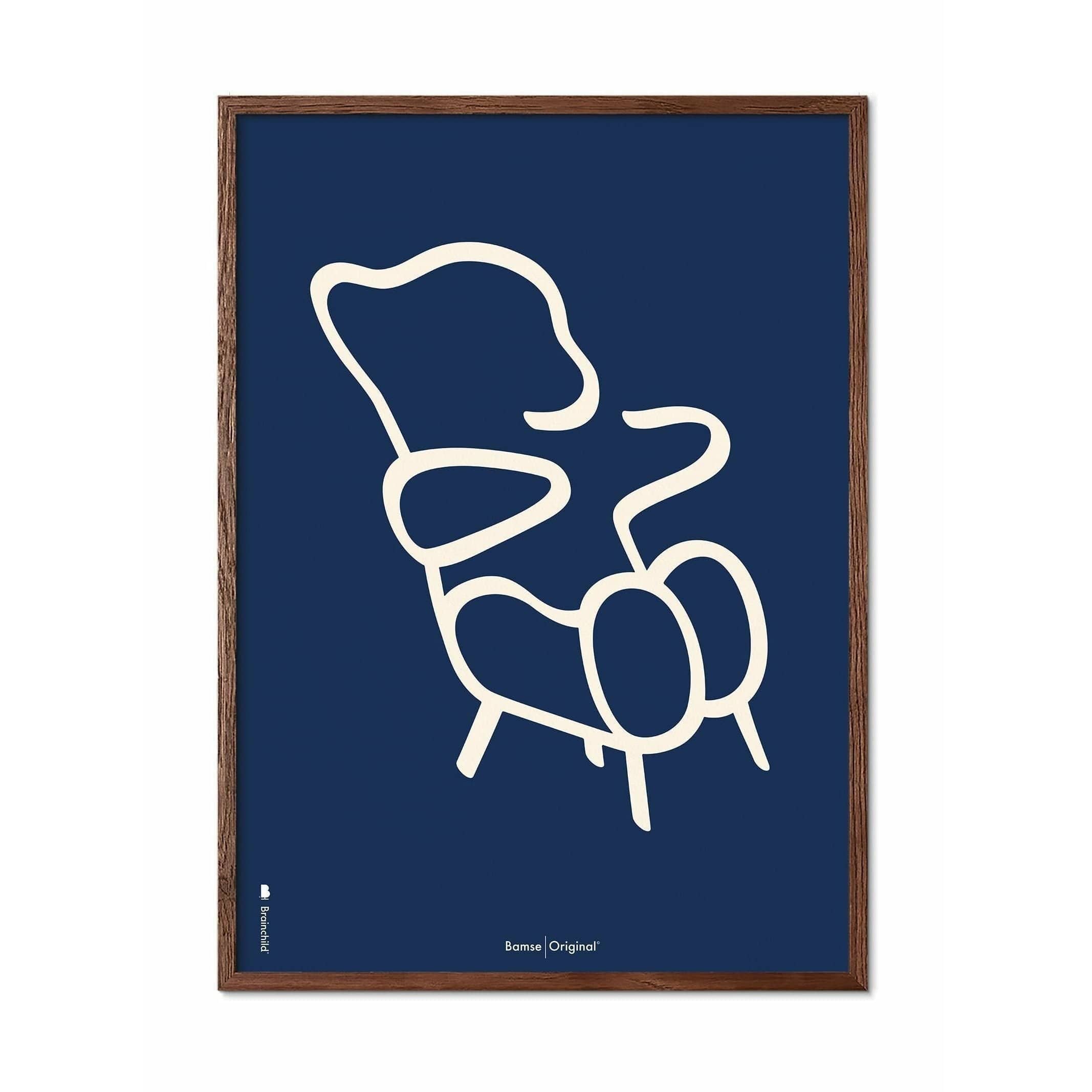 Brainchild Teddy Bear Line Poster, Frame Made Of Dark Wood 50x70 Cm, Blue Background