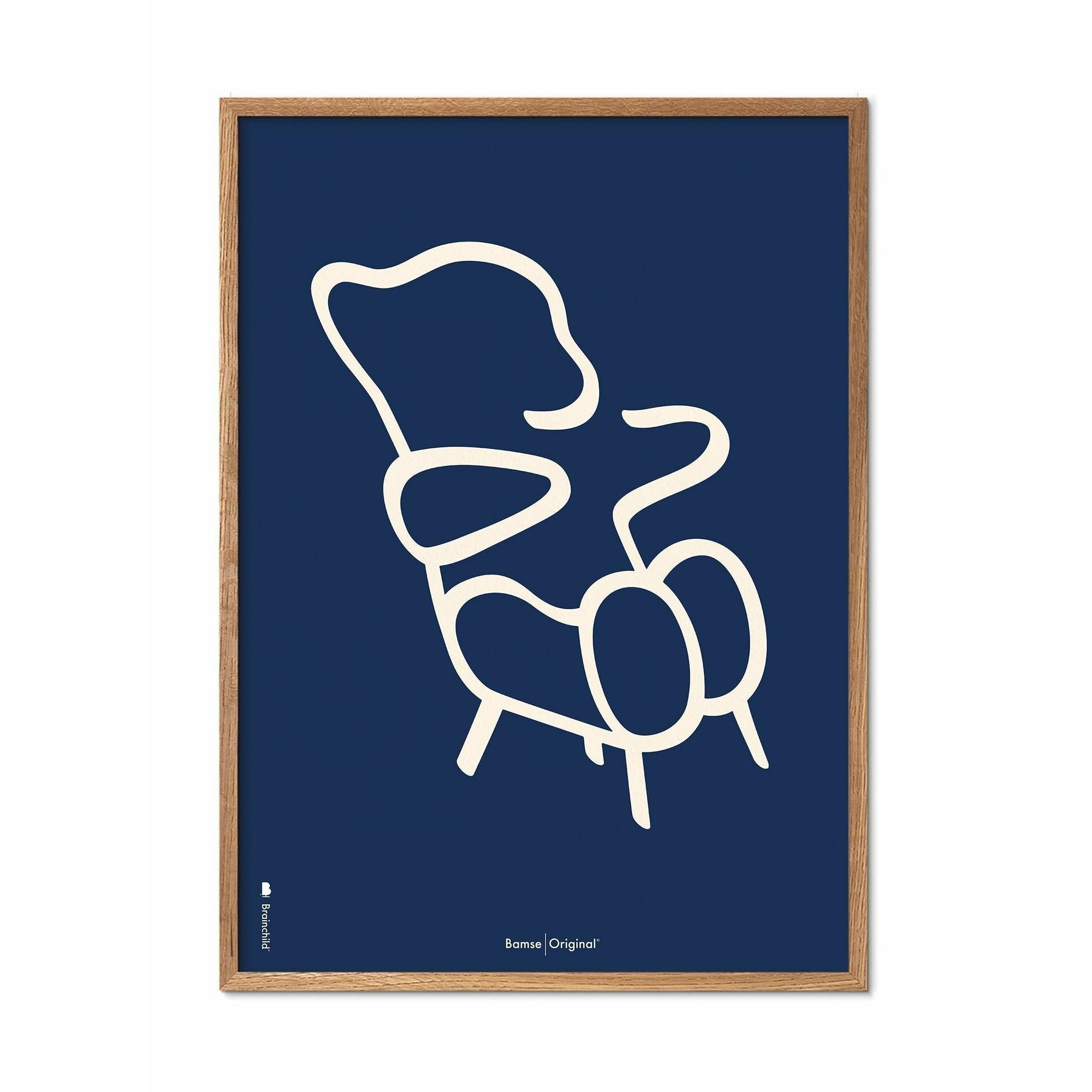 Brainchild Teddy Bear Line Poster, Frame Made Of Light Wood 30x40 Cm, Blue Background