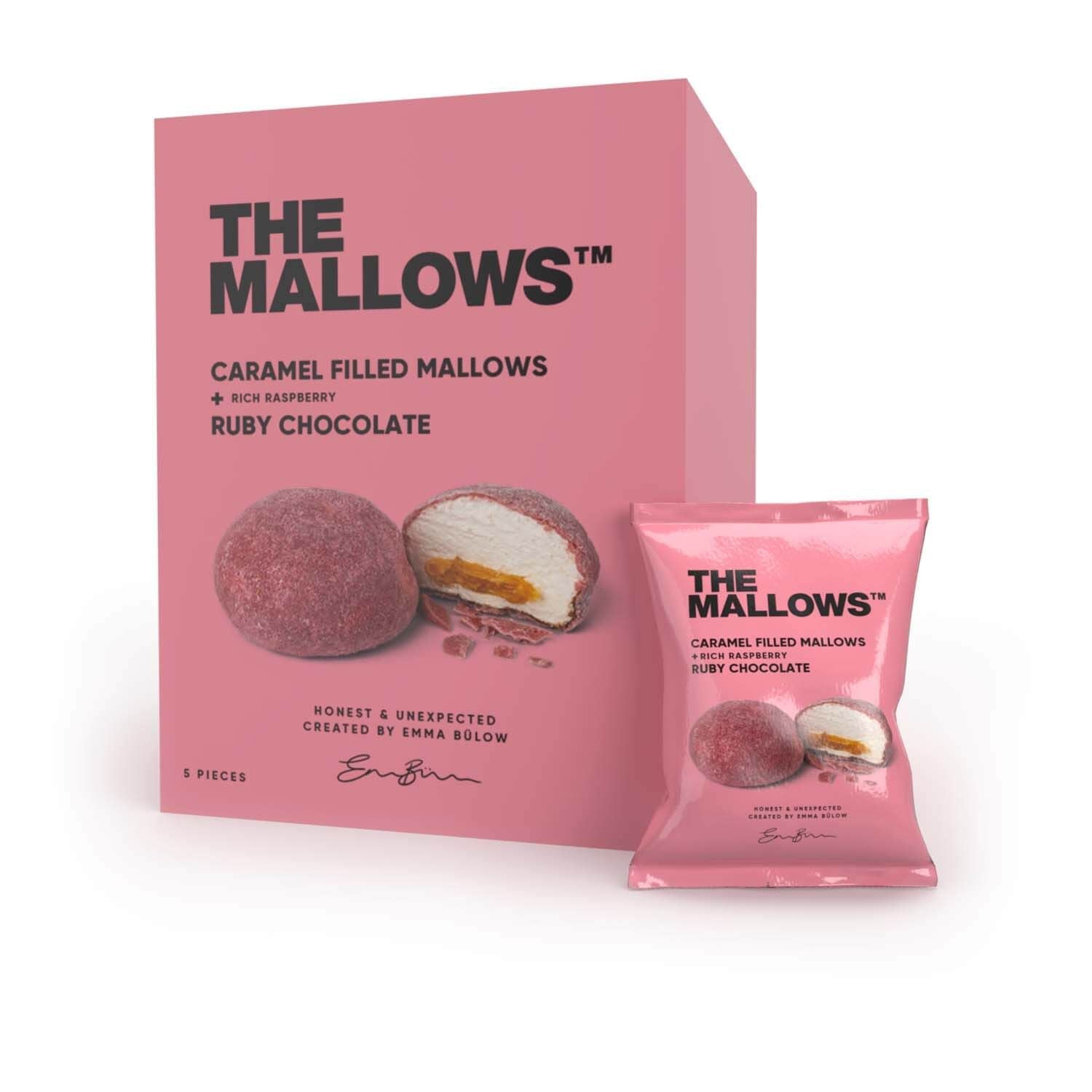 The Mallows Marshmallows z karmelowym nadzieniem i czekoladową czekoladą Ruby, 90G
